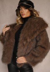 Brązowa Elegancka Kurtka Futerko z Kołnierzem Vertirida. Brązowe kurtki damskie Renee, na zimę, m, bez wzorów, z futra, bez kaptura. Za 259.99 zł.