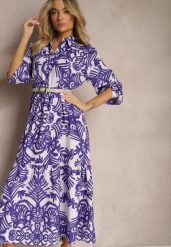 Fioletowa Rozkloszowana Sukienka Długa z Falbanką w Ornamentalny Print Naraoda. Fioletowe sukienki damskie Renee, bez wzorów, z materiału, bez ramiączek. W wyprzedaży za 75.99 zł.