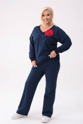 Bawełniany granatowy komplet dresowy Comfy - bluza z różą + długie spodnie PLUS SIZE XXL OVERSIZE JESIEŃ. Niebieskie bluzy damskie Moda Size Plus Iwanek, na jesień, plus size, z aplikacjami, z bawełny, bez kaptura. Za 349.90 zł.