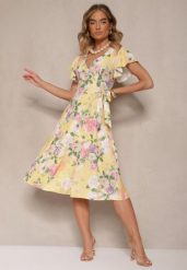 Żółta Kopertowa Sukienka w Kwiaty Atesalia. Żółte sukienki damskie Renee, bez wzorów, eleganckie, bez ramiączek. W wyprzedaży za 91.99 zł.