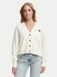Tommy Jeans Kardigan Fluffy Badge DW0DW23830 Biały Regular Fit. Białe kardigany damskie Tommy Jeans, xl, bez wzorów, z jeansu. Za 449.99 zł.