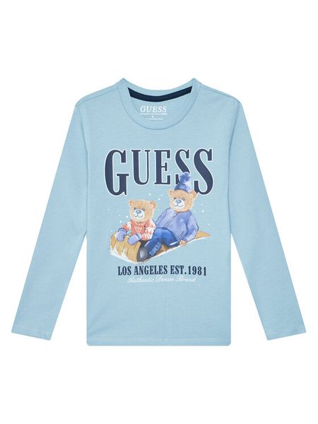 Guess Bluzka N5BI04I3Z14 Błękitny Regular Fit. Niebieskie t-shirty i koszulki chłopięce Guess, z aplikacjami, z bawełny, bez kołnierzyka, bez ramiączek. Za 79.99 zł.