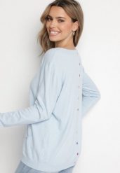 Jasnoniebieski Sweter z Kaszmirem i Ozdobnymi Kieszeniami Sanarea. Niebieskie swetry klasyczne damskie Born2be, z jeansu, bez kołnierzyka. Za 84.99 zł.