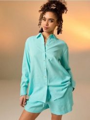 Koszula z domieszką lnu - zielony. Zielone koszule damskie Sinsay, l, bez wzorów, bez kołnierzyka, bez ramiączek. Za 39.99 zł.