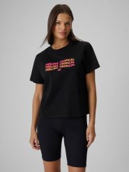 4F T-shirt boxy z nadrukiem damski - czarny XL. Czarne t-shirty damskie 4F, xl, bez wzorów, z bawełny, bez kołnierzyka. Za 69.99 zł.