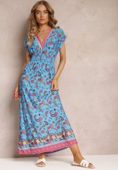 Granatowa Rozkloszowana Sukienka Maxi z Printem Paisley z Gumką w Pasie Zoenia. Niebieskie sukienki damskie Renee, bez wzorów, bez ramiączek. W wyprzedaży za 39.99 zł.