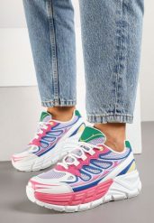 Fuksjowe Sneakersy w Streetwearowym Stylu na Grubej Podeszwie z Tłoczeniami Siltewi. Czerwone obuwie sportowe damskie Born2be, z jeansu, bez zapięcia. Za 109.99 zł.