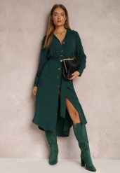 Ciemnozielona Sukienka Koszulowa z Paskiem Vartivar. Zielone sukienki damskie Renee, bez wzorów, z materiału, eleganckie, bez ramiączek. W wyprzedaży za 99.99 zł.