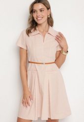 Różowa Bawełniana Sukienka Koszulowa z Paseczkiem Wenilise. Czerwone sukienki damskie Born2be, bez wzorów, z bawełny, eleganckie, bez ramiączek. Za 129.99 zł.