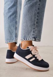 Granatowe Sneakersy Basic z Paskami na Boku Adila. Niebieskie obuwie sportowe casual damskie Renee, z jeansu. Za 99.99 zł.