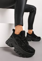 Czarne Sneakersy na Platformie z Cholewką z Cyrkoniami Harilena. Czarne obuwie sportowe damskie Renee, bez zapięcia. Za 89.99 zł.