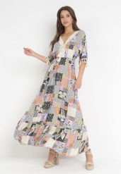 Szaro-Czarna Rozkloszowana Sukienka Maxi w Patchworkowy Wzór Daliah. Szare sukienki damskie Born2be, z aplikacjami, bez ramiączek. Za 139.99 zł.