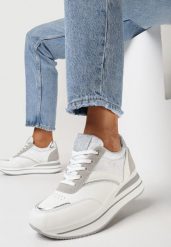 Białe Sneakersy na Grubej Podeszwie z Brokatem Erenie. Białe obuwie sportowe damskie Born2be, bez zapięcia. Za 99.99 zł.