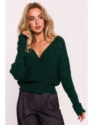 Made of emotion Sweter w kolorze ciemnozielonym rozmiar: onesize. Zielone swetry klasyczne damskie Made Of Emotion, prążkowane, bez kołnierzyka. Za 118.56 zł.