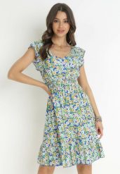 Zielono-Granatowa Sukienka Mini z Gumką w Pasie i Falbankami z Bawełny Shelbin. Zielone sukienki damskie Born2be, bez wzorów, z bawełny, bez ramiączek. Za 79.99 zł.