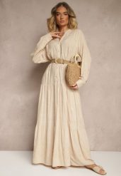 Beżowa Rozkloszowana Sukienka Ozdobiona Haftem i Wzorem Boho Ronavere. Brązowe sukienki damskie Renee, bez wzorów, boho, bez ramiączek. W wyprzedaży za 151.99 zł.