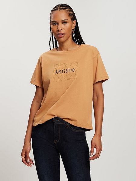 Cross Jeans Koszulka w kolorze jasnobrązowym rozmiar: M. Brązowe bluzki damskie Cross Jeans, m, bez wzorów, z bawełny, bez kołnierzyka, bez ramiączek. Za 56.93 zł.