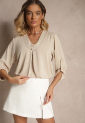 Beżowa Bluzka Trapezowa z Dekoltem w Kształcie Litery V i Podpinanymi Rękawami Morlimi. Brązowe bluzki damskie Renee, bez wzorów, z jeansu, eleganckie, bez kołnierzyka, bez ramiączek. Za 59.99 zł.