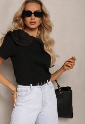 Czarny T-shirt z Bawełny Wykończony Ozdobnymi Elementami Kililena. Czarne t-shirty damskie Renee, s, z aplikacjami, z bawełny, bez kołnierzyka. Za 39.99 zł.
