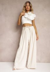 Jasnobeżowe Szerokie Spodnie High Waist Zapinane na Suwak z Wiązaniem w Talii Vikonnia. Brązowe spodnie materiałowe damskie Renee, bez wzorów, z jeansu. Za 59.99 zł.