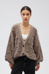 Kardigan zapinany na guziki w kolorze LIGHT BROWN - BUBLE-UNI. Brązowe kardigany damskie Marsala, uniwersalny, bez wzorów, z jeansu. Za 349.90 zł.