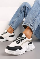 Biało-Czarne Casualowe Sneakersy z Ekoskóry z Ozdobnymi Wstawkami i Sznurowaniem Melindia. Białe obuwie sportowe damskie Renee, bez zapięcia. Za 89.99 zł.