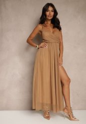 Ciemnobeżowa Sukienka Koktajlowa Ozdobiona Tiulowym Materiałem Deviora. Brązowe sukienki damskie Renee, bez wzorów, z tiulu, eleganckie, bez ramiączek. Za 109.99 zł.