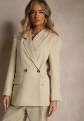Jasnobeżowa Pudełkowa Marynarka Oversize o Dwurzędowym Fasonie z Dodatkowym Guzikiem Pasmira. Brązowe marynarki i żakiety damskie Renee, m, z aplikacjami, z jeansu, eleganckie. Za 219.99 zł.