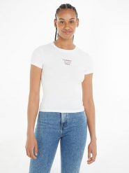 TOMMY JEANS Koszulka w kolorze białym rozmiar: M. Białe bluzki damskie Tommy Jeans, m, bez wzorów, z jeansu, bez kołnierzyka, bez ramiączek. Za 74.63 zł.
