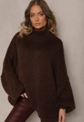 Brązowy Golf Oversize z Wełną z Opadającą Linią Ramion Lilirea. Brązowe golfy damskie Renee, bez wzorów, z jeansu, bez ramiączek. Za 169.99 zł.
