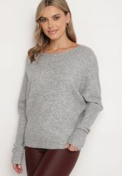 Szary Sweter z Lnem i Dekoltem w Łódkę o Kroju Oversize Sassirra. Szare swetry klasyczne damskie Born2be, l, z jeansu, bez kołnierzyka. Za 129.99 zł.