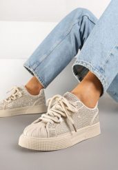 Beżowe Sneakersy z Ozdobnym Tłoczeniem i Cyrkoniami Dorreia. Brązowe obuwie sportowe damskie Renee, z jeansu, bez zapięcia. Za 99.99 zł.