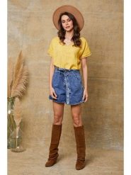 Joséfine Lniana koszulka "Quinto" w kolorze żółtym rozmiar: S. Żółte bluzki damskie Joséfine, s, bez wzorów, ze lnu, bez kołnierzyka, bez ramiączek. Za 108.99 zł.