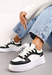 Biało-Czarne Sneakersy z Cholewką z Licznymi Wstawkami na Grubej Podeszwie Lenarise. Białe obuwie sportowe damskie Renee, z dresówki, bez zapięcia. Za 89.99 zł.