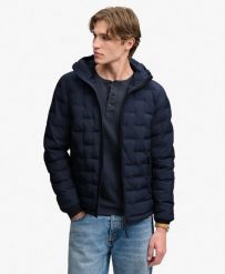 Superdry Pikowana kurtka z kapturem Heat Weld – 100% poliester z recyklingu. Niebieskie kurtki damskie Superdry, xl, bez wzorów, z materiału, z kapturem. Za 647.05 zł.
