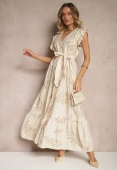 Beżowa Sukienka z Wiskozy z Ozdobnym Haftem i Metaliczną Nicią Grelvesa. Brązowe sukienki damskie Renee, bez wzorów, z wiskozy, eleganckie, bez ramiączek. W wyprzedaży za 91.99 zł.