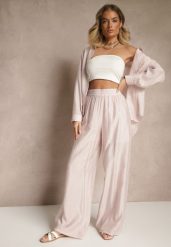 Jasnoróżowe Spodnie Palazzo High Waist z Szeroką Nogawką i Gumką w Talii Jenarielis. Czerwone spodnie materiałowe damskie Renee, bez wzorów, z jeansu. Za 69.99 zł.