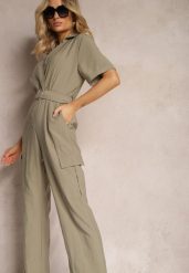 Ciemnozielony Długi Kombinezon w Stylu Utility z Kieszeniami Cargo Paskiem i Kołnierzykiem Qillilena. Zielone sukienki damskie Renee, bez wzorów, eleganckie, bez ramiączek. W wyprzedaży za 125.99 zł.