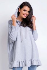 Szara Oversizowa Bluza z Kapturem Wykończona Falbanką. Szare bluzy damskie Lou-Lou, l, bez wzorów, z bawełny, z kapturem. Za 129.90 zł.