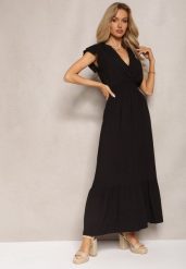 Czarna Rozkloszowana Sukienka Maxi z Bawełny o Kopertowym Kroju Asmerie. Czarne sukienki damskie Renee, bez wzorów, z bawełny, bez ramiączek. W wyprzedaży za 47.99 zł.