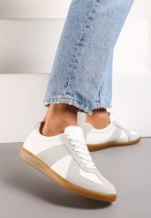 Szaro-Białe Sneakersy Tenisówki z Ozdobnymi Przeszyciami Sumina. Białe obuwie sportowe damskie Renee, z materiału, bez zapięcia, tenisowe. Za 69.99 zł.