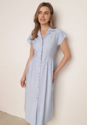 Jasnoniebieska Koszulowa Sukienka z Wiskozą o Rozkloszowanym Kroju z Wiązaniem Pellesea. Niebieskie sukienki damskie Born2be, bez wzorów, ze lnu, eleganckie, bez ramiączek. Za 159.99 zł.