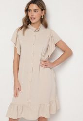 Beżowa Sukienka Koszulowa z Guzikami i Falbankami Tenalena. Brązowe sukienki damskie Born2be, bez wzorów, eleganckie, bez ramiączek. Za 99.99 zł.