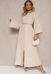 Beżowa Pudełkowa Sukienka z Lnem o Koszulowym Kroju Mirloti. Żółte sukienki damskie Renee, bez wzorów, z bawełny, eleganckie, bez ramiączek. W wyprzedaży za 125.99 zł.