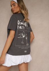 Ciemnoszary T-shirt z Bawełny z Nadrukiem Adferia. Szare t-shirty damskie Renee, l, bez wzorów, z bawełny, bez kołnierzyka. Za 44.99 zł.