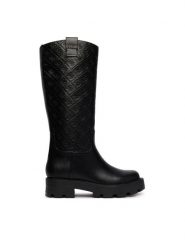 Guess Kozaki FLFLYI ELE11 Czarny. Czarne kozaki damskie Guess, ze skóry, bez obcasa, na płaskiej podeszwie, bez zapięcia. Za 824.99 zł.