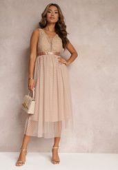 Ciemnobeżowa Tiulowa Sukienka Rozkloszowana z Koronką Phyvana. Brązowe sukienki damskie Renee, bez wzorów, z koronki, eleganckie, bez ramiączek. W wyprzedaży za 143.99 zł.