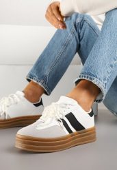 Białe Sneakersy na Grubej Podeszwie z Ozdobnymi Odpinanymi Perłami Ajovia. Białe obuwie sportowe damskie Renee, z jeansu, bez zapięcia. Za 89.99 zł.