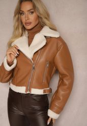 Brązowa Krótka Kurtka Biker z Futerkowym Obszyciem i Klamerkami Laorissa. Brązowe kurtki damskie Renee, l, bez wzorów, bez kaptura. Za 254.99 zł.
