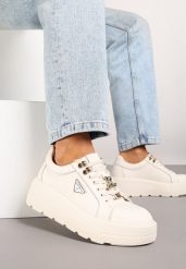 Beżowe Skórzane Sneakersy na Platformie Ozdobione Aplikacją Doliresa. Brązowe obuwie sportowe damskie Renee, z jeansu, bez zapięcia. Za 179.99 zł.